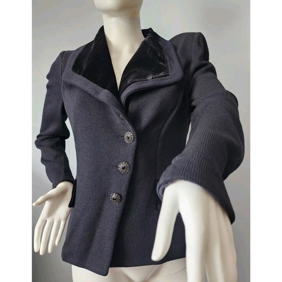 ELEGANT ST JOHN BLACK KNIT EVENING JACKET, SIZE 4, Velour / Velvet Trim Santana - Picture 14 of 16